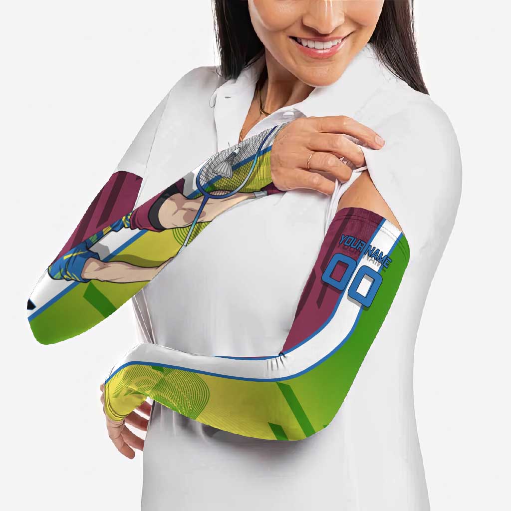 Personalized Giyuu Tomioka Demon Slayer Badminton Theme Arm Sleeves with Racket Action Pose and Tricolor Graphic Design - The Mazicc