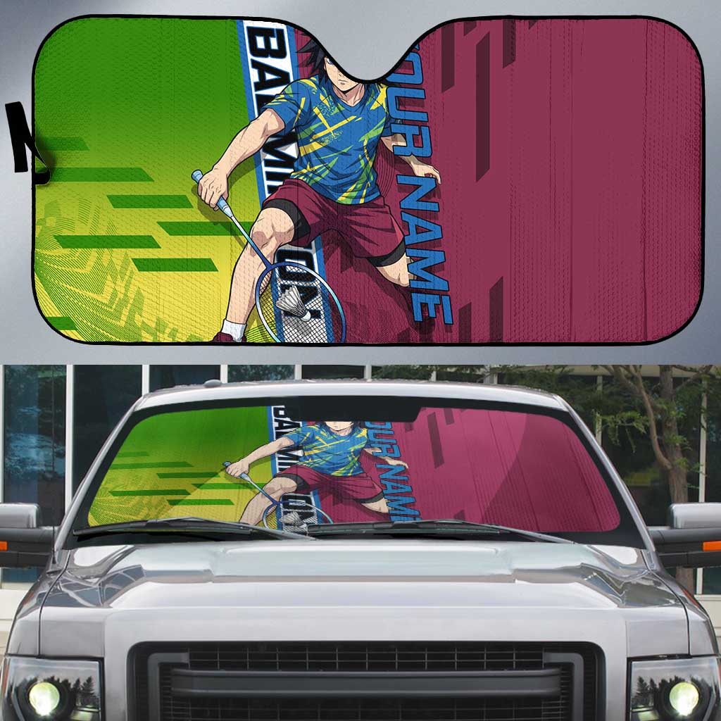 Personalized Giyuu Tomioka Demon Slayer Badminton Theme Auto Sun Shade with Racket Action Pose and Tricolor Graphic Design - The Mazicc