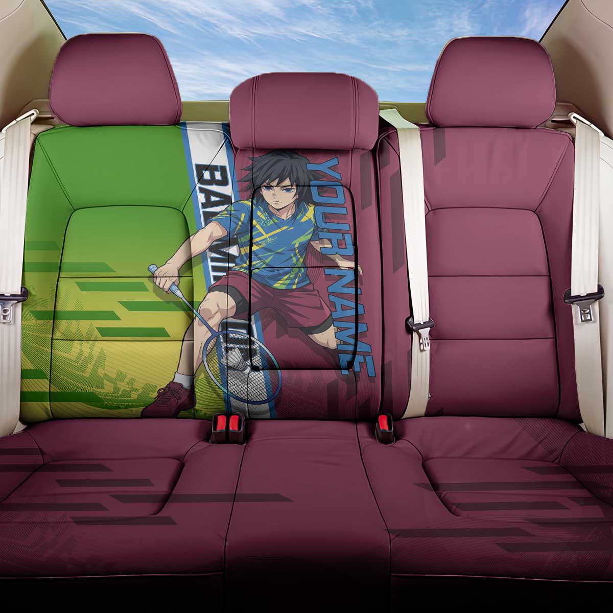 Personalized Giyuu Tomioka Demon Slayer Badminton Theme Back Car Seat Cover with Racket Action Pose and Tricolor Graphic Design - The Mazicc