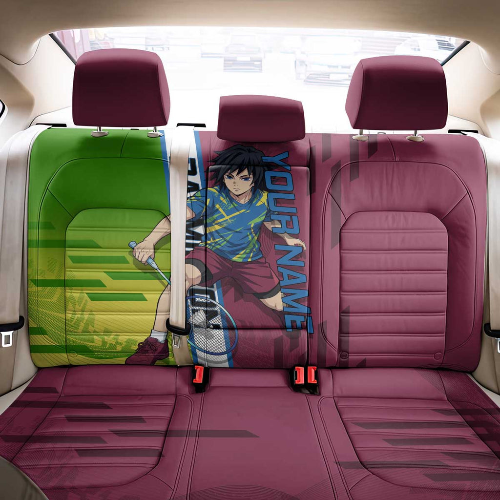 Personalized Giyuu Tomioka Demon Slayer Badminton Theme Back Car Seat Cover with Racket Action Pose and Tricolor Graphic Design - The Mazicc
