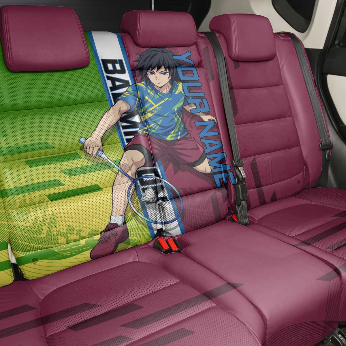 Personalized Giyuu Tomioka Demon Slayer Badminton Theme Back Car Seat Cover with Racket Action Pose and Tricolor Graphic Design - The Mazicc