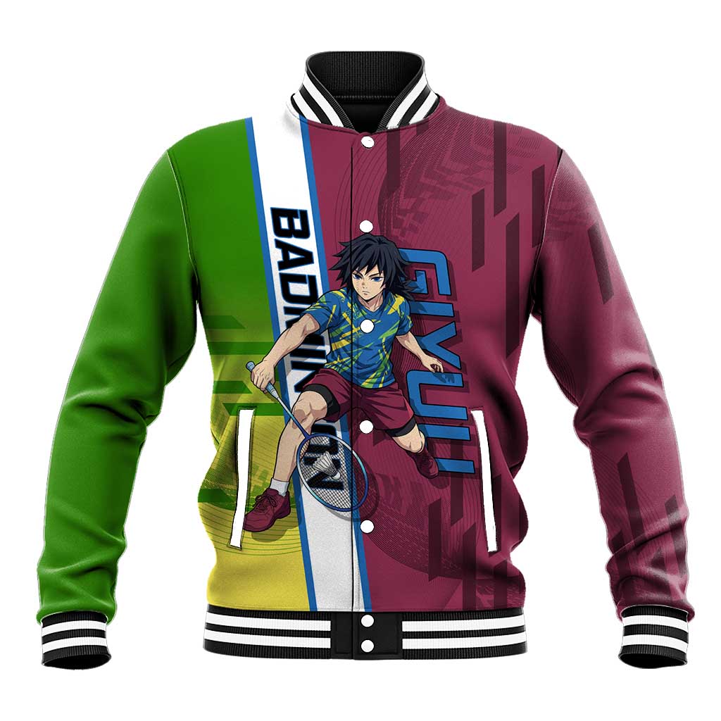 Personalized Giyuu Tomioka Demon Slayer Badminton Theme Baseball Jacket with Racket Action Pose and Tricolor Graphic Design - The Mazicc