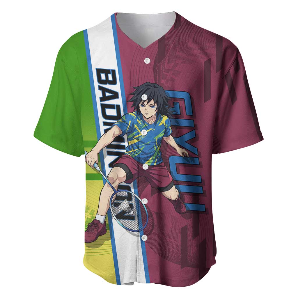 Personalized Giyuu Tomioka Demon Slayer Badminton Theme Baseball Jersey with Racket Action Pose and Tricolor Graphic Design - The Mazicc