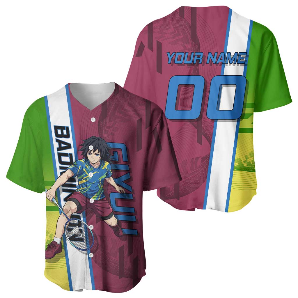 Personalized Giyuu Tomioka Demon Slayer Badminton Theme Baseball Jersey with Racket Action Pose and Tricolor Graphic Design - The Mazicc