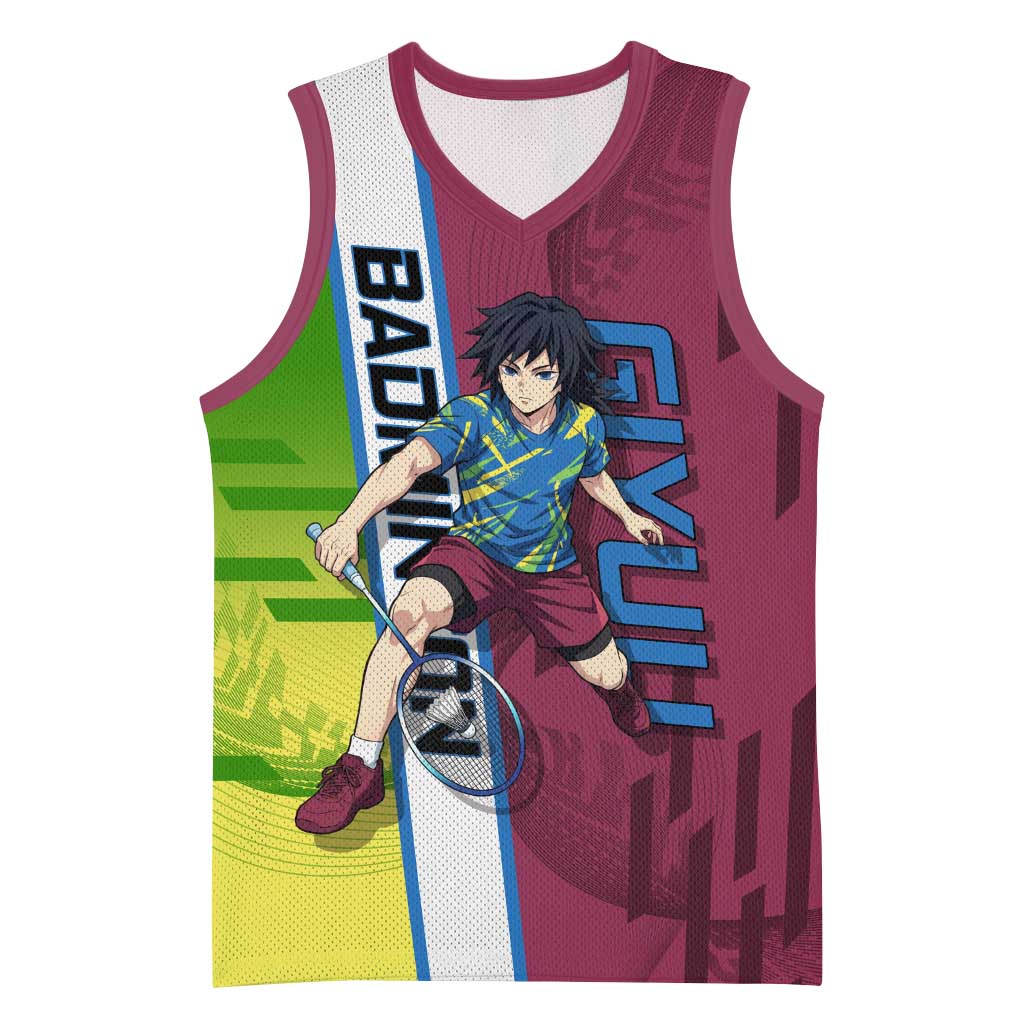 Personalized Giyuu Tomioka Demon Slayer Badminton Theme Basketball Jersey with Racket Action Pose and Tricolor Graphic Design - The Mazicc
