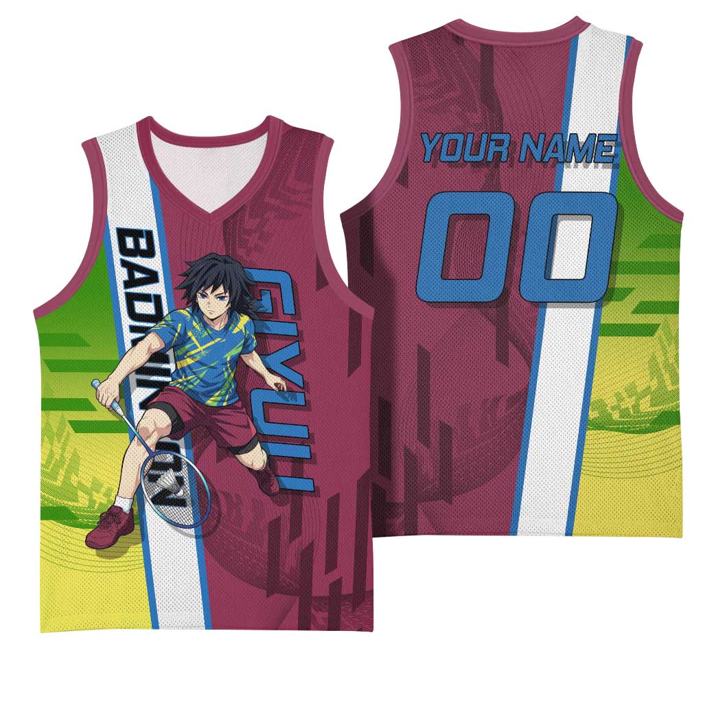 Personalized Giyuu Tomioka Demon Slayer Badminton Theme Basketball Jersey with Racket Action Pose and Tricolor Graphic Design - The Mazicc