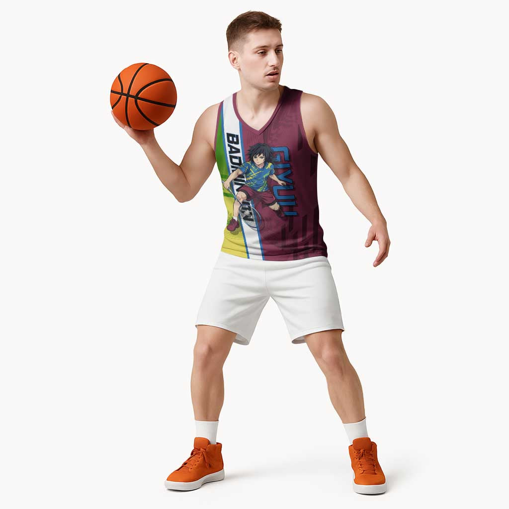 Personalized Giyuu Tomioka Demon Slayer Badminton Theme Basketball Jersey with Racket Action Pose and Tricolor Graphic Design - The Mazicc