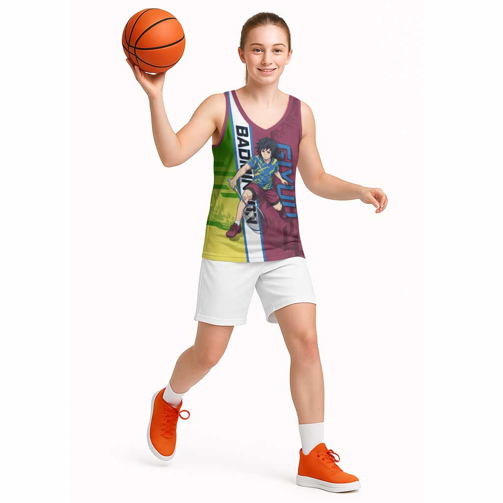 Personalized Giyuu Tomioka Demon Slayer Badminton Theme Basketball Jersey with Racket Action Pose and Tricolor Graphic Design - The Mazicc