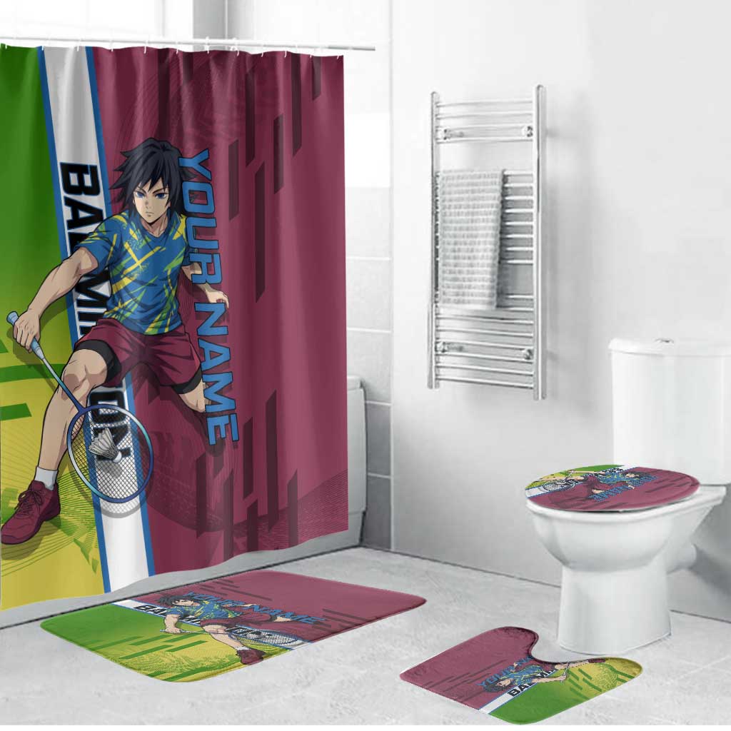 Personalized Giyuu Tomioka Demon Slayer Badminton Theme Bathroom Set with Racket Action Pose and Tricolor Graphic Design - The Mazicc
