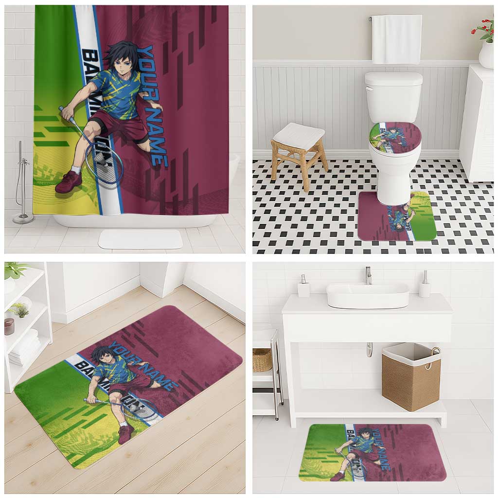 Personalized Giyuu Tomioka Demon Slayer Badminton Theme Bathroom Set with Racket Action Pose and Tricolor Graphic Design - The Mazicc