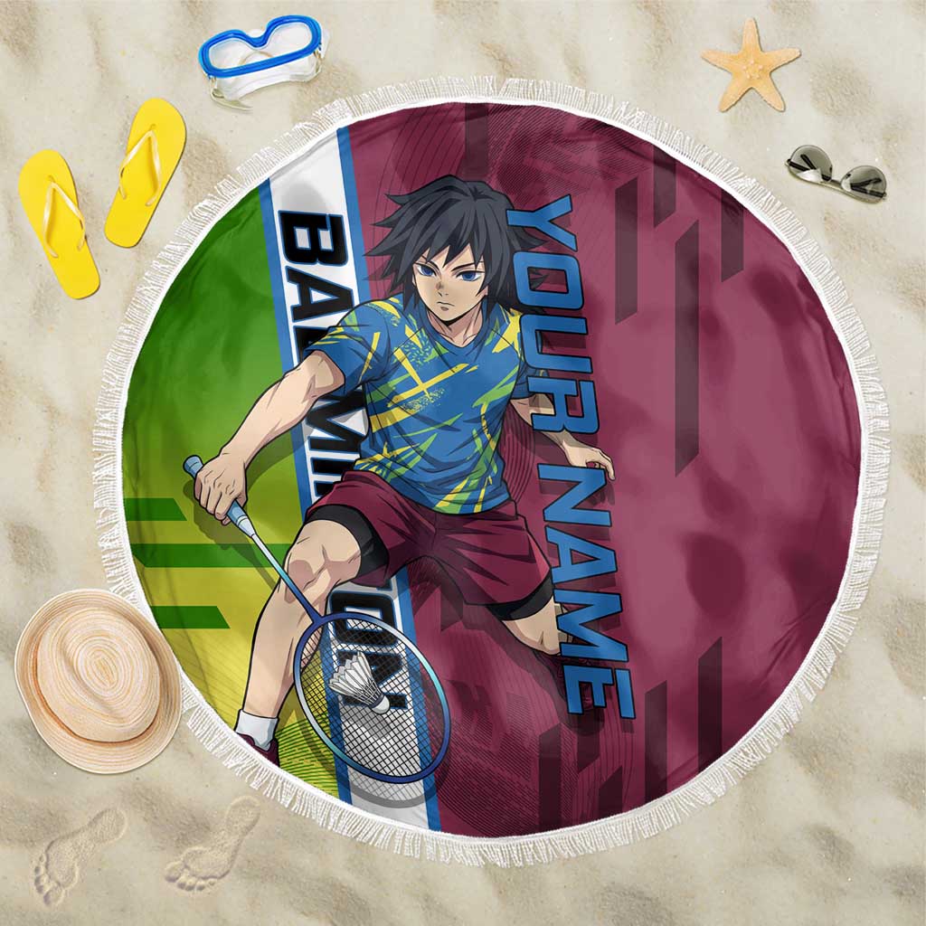 Personalized Giyuu Tomioka Demon Slayer Badminton Theme Beach Blanket with Racket Action Pose and Tricolor Graphic Design - The Mazicc