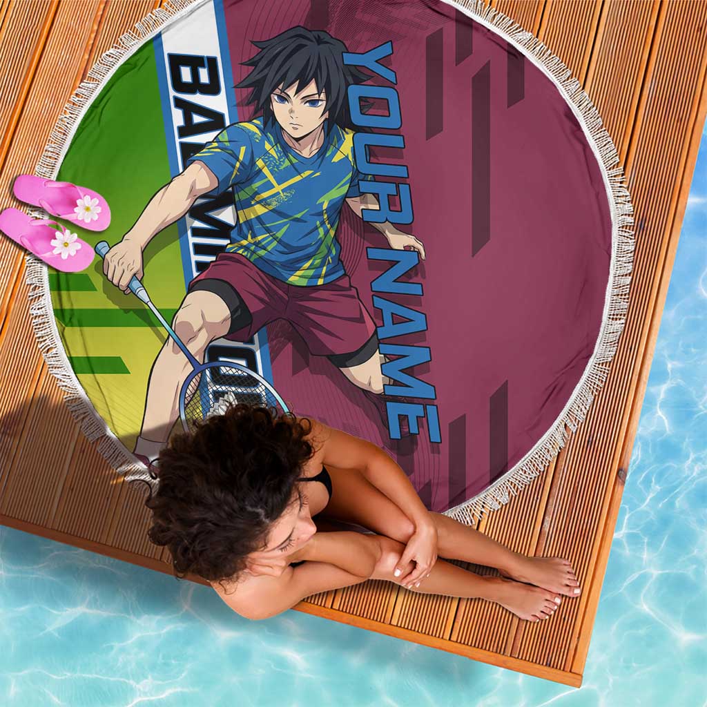 Personalized Giyuu Tomioka Demon Slayer Badminton Theme Beach Blanket with Racket Action Pose and Tricolor Graphic Design - The Mazicc