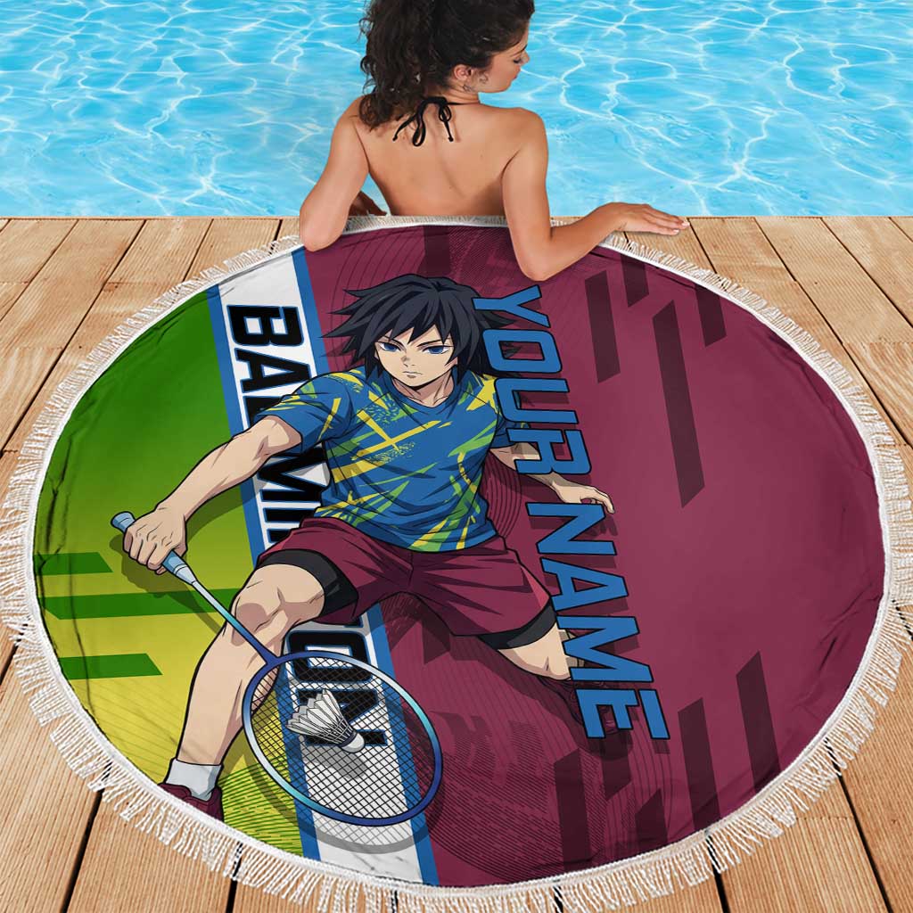 Personalized Giyuu Tomioka Demon Slayer Badminton Theme Beach Blanket with Racket Action Pose and Tricolor Graphic Design - The Mazicc