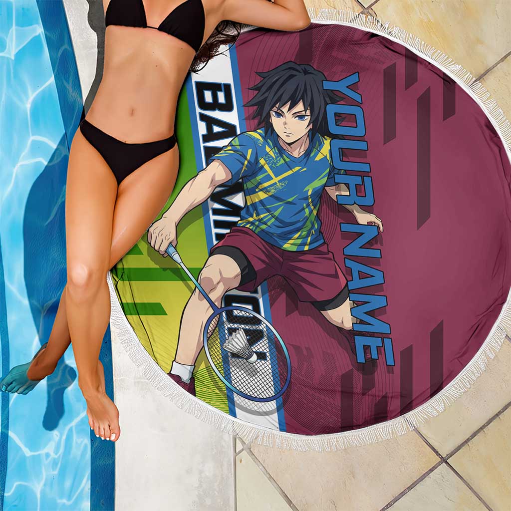 Personalized Giyuu Tomioka Demon Slayer Badminton Theme Beach Blanket with Racket Action Pose and Tricolor Graphic Design - The Mazicc