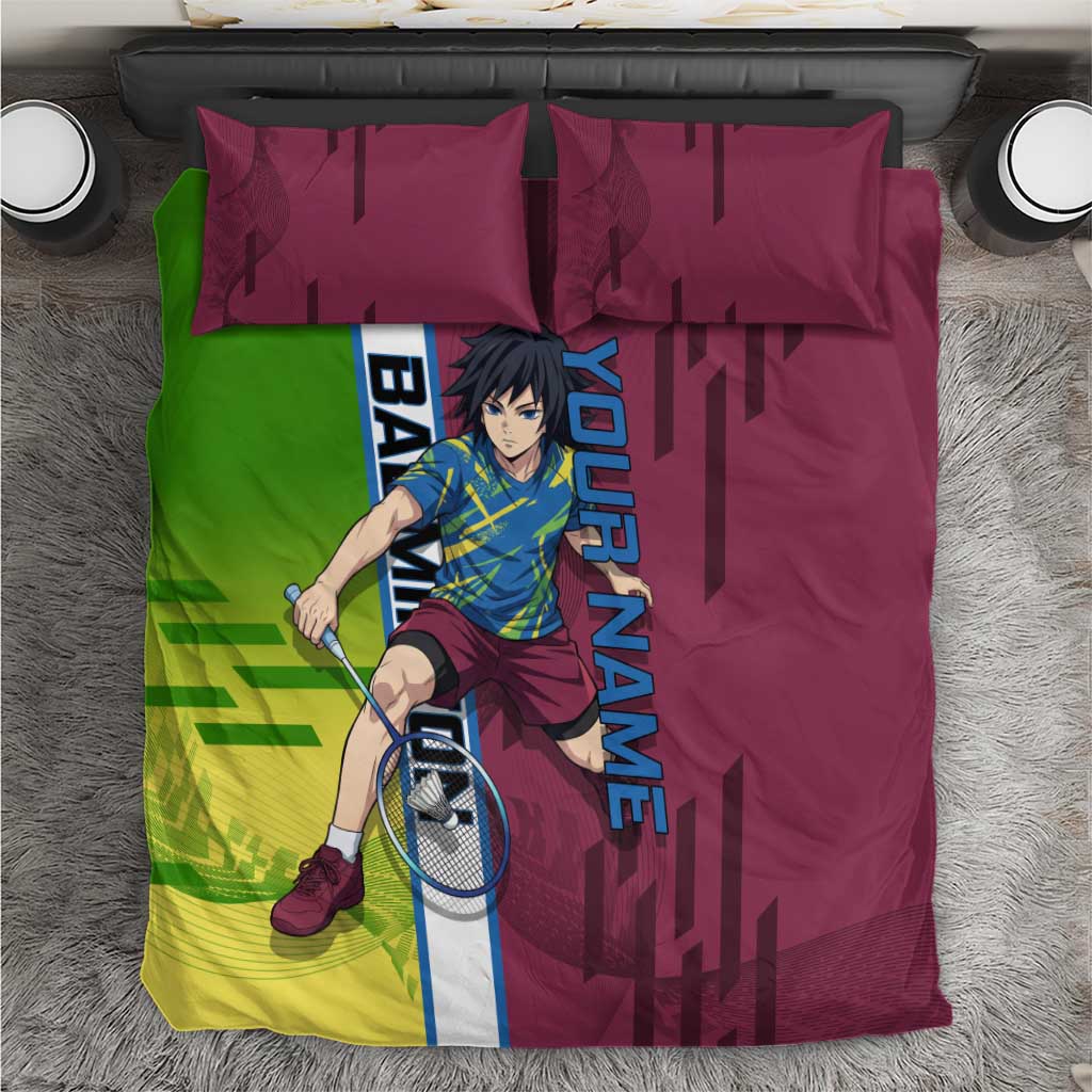 Personalized Giyuu Tomioka Demon Slayer Badminton Theme Bedding Set with Racket Action Pose and Tricolor Graphic Design - The Mazicc