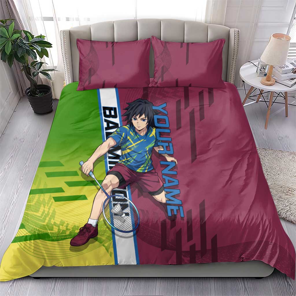 Personalized Giyuu Tomioka Demon Slayer Badminton Theme Bedding Set with Racket Action Pose and Tricolor Graphic Design - The Mazicc