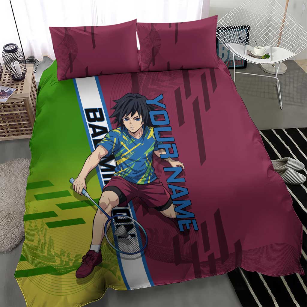 Personalized Giyuu Tomioka Demon Slayer Badminton Theme Bedding Set with Racket Action Pose and Tricolor Graphic Design - The Mazicc