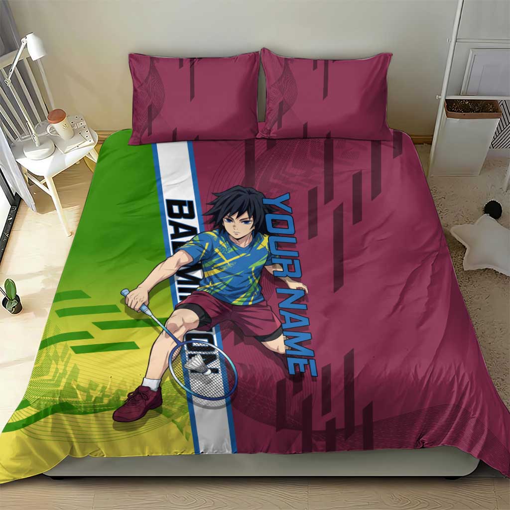 Personalized Giyuu Tomioka Demon Slayer Badminton Theme Bedding Set with Racket Action Pose and Tricolor Graphic Design - The Mazicc