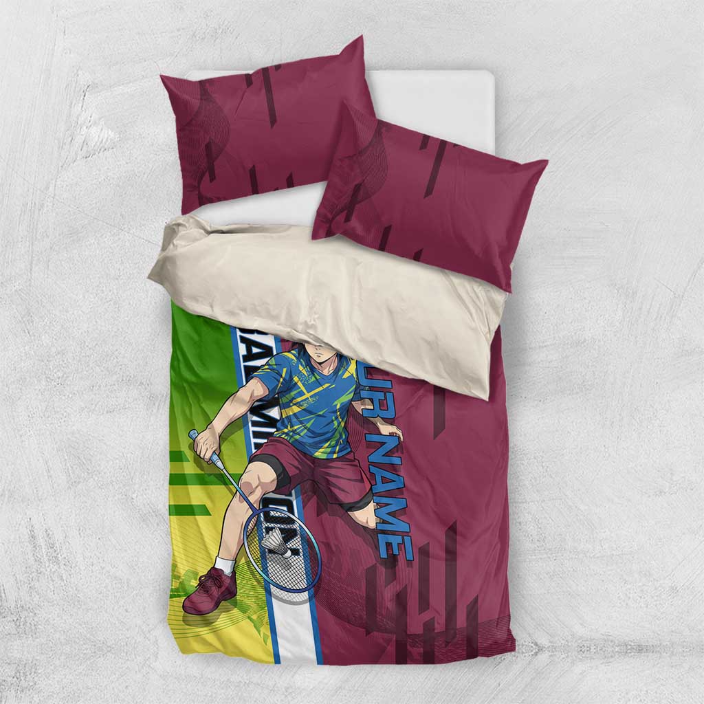 Personalized Giyuu Tomioka Demon Slayer Badminton Theme Bedding Set with Racket Action Pose and Tricolor Graphic Design - The Mazicc