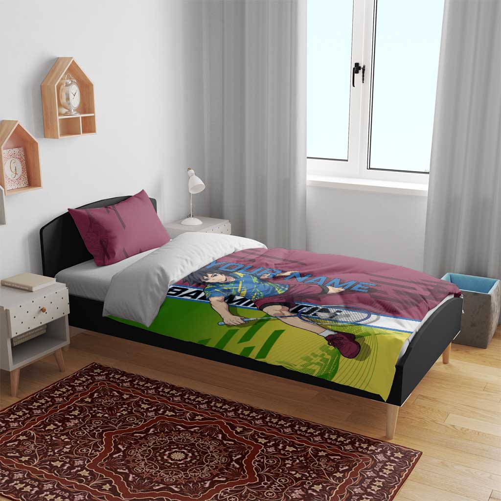 Personalized Giyuu Tomioka Demon Slayer Badminton Theme Bedding Set with Racket Action Pose and Tricolor Graphic Design - The Mazicc