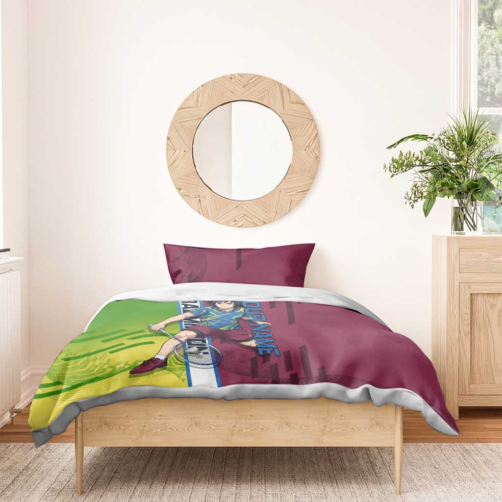 Personalized Giyuu Tomioka Demon Slayer Badminton Theme Bedding Set with Racket Action Pose and Tricolor Graphic Design - The Mazicc