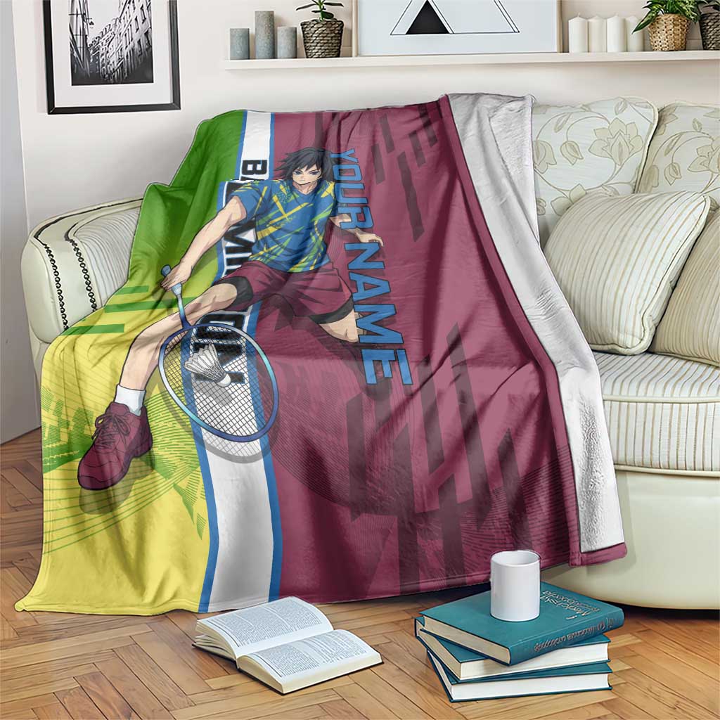 Personalized Giyuu Tomioka Demon Slayer Badminton Theme Blanket with Racket Action Pose and Tricolor Graphic Design - The Mazicc