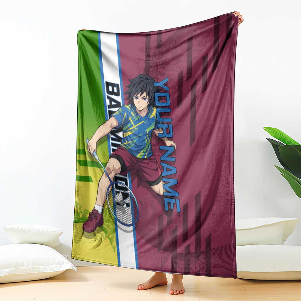 Personalized Giyuu Tomioka Demon Slayer Badminton Theme Blanket with Racket Action Pose and Tricolor Graphic Design - The Mazicc