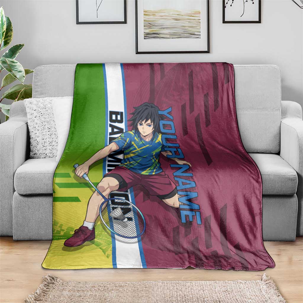Personalized Giyuu Tomioka Demon Slayer Badminton Theme Blanket with Racket Action Pose and Tricolor Graphic Design - The Mazicc