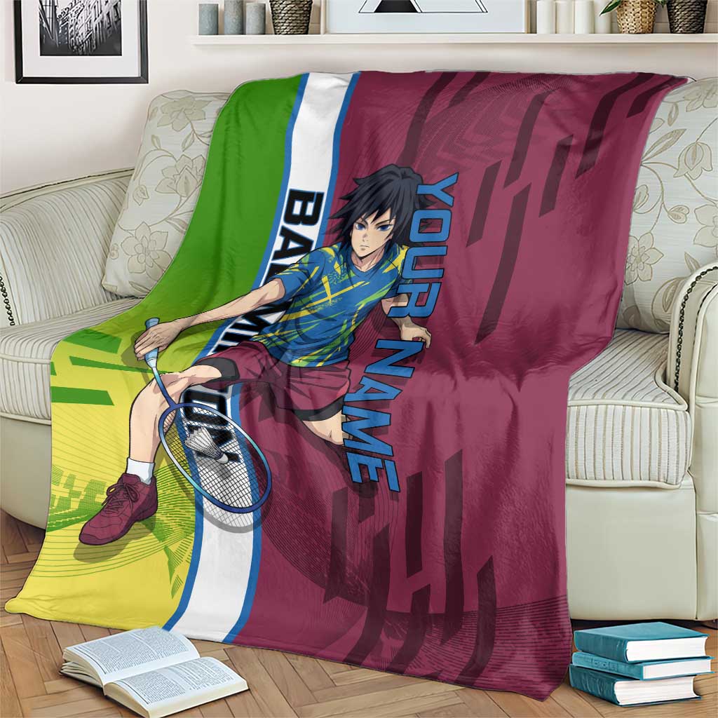 Personalized Giyuu Tomioka Demon Slayer Badminton Theme Blanket with Racket Action Pose and Tricolor Graphic Design - The Mazicc