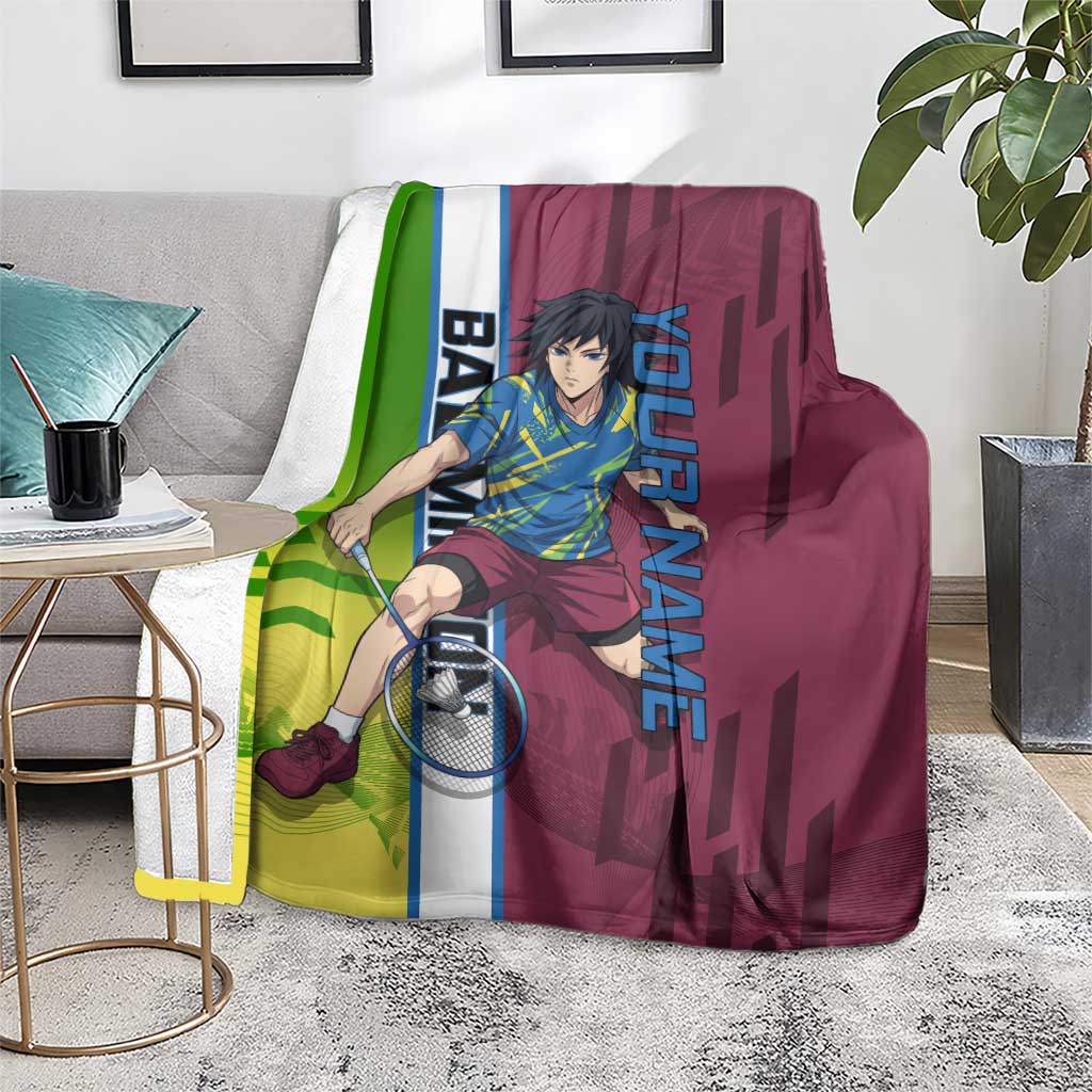Personalized Giyuu Tomioka Demon Slayer Badminton Theme Blanket with Racket Action Pose and Tricolor Graphic Design - The Mazicc