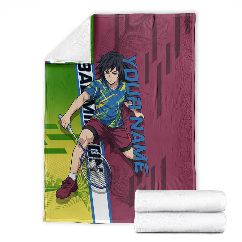 Personalized Giyuu Tomioka Demon Slayer Badminton Theme Blanket with Racket Action Pose and Tricolor Graphic Design - The Mazicc