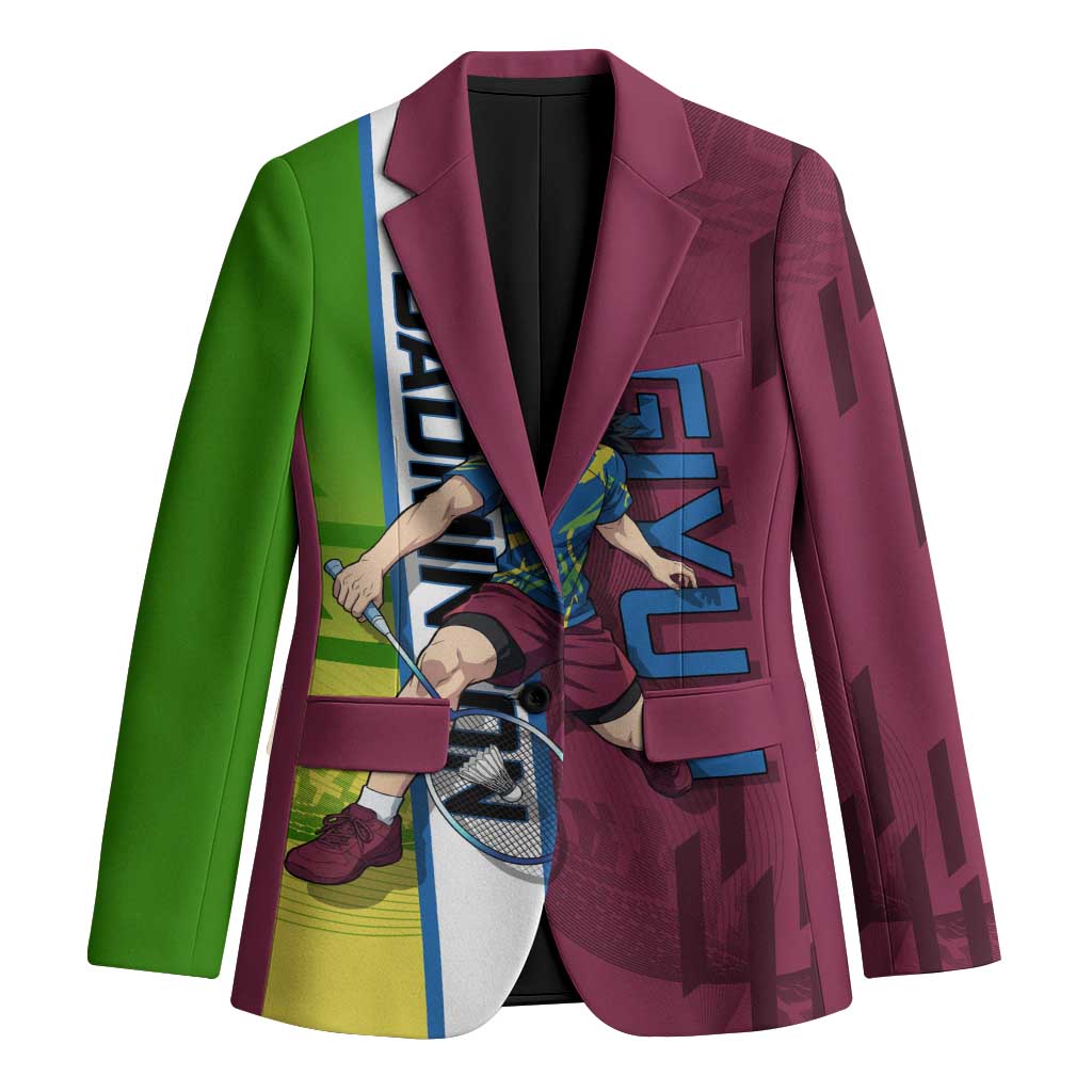 Personalized Giyuu Tomioka Demon Slayer Badminton Theme Blazer with Racket Action Pose and Tricolor Graphic Design - The Mazicc