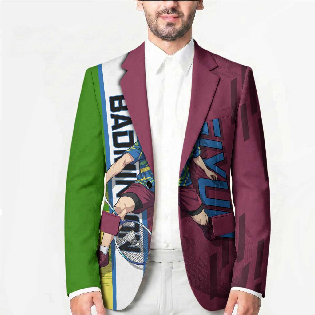 Personalized Giyuu Tomioka Demon Slayer Badminton Theme Blazer with Racket Action Pose and Tricolor Graphic Design - The Mazicc