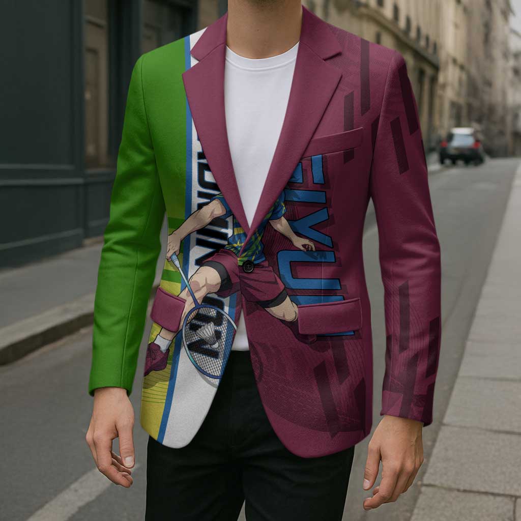 Personalized Giyuu Tomioka Demon Slayer Badminton Theme Blazer with Racket Action Pose and Tricolor Graphic Design - The Mazicc
