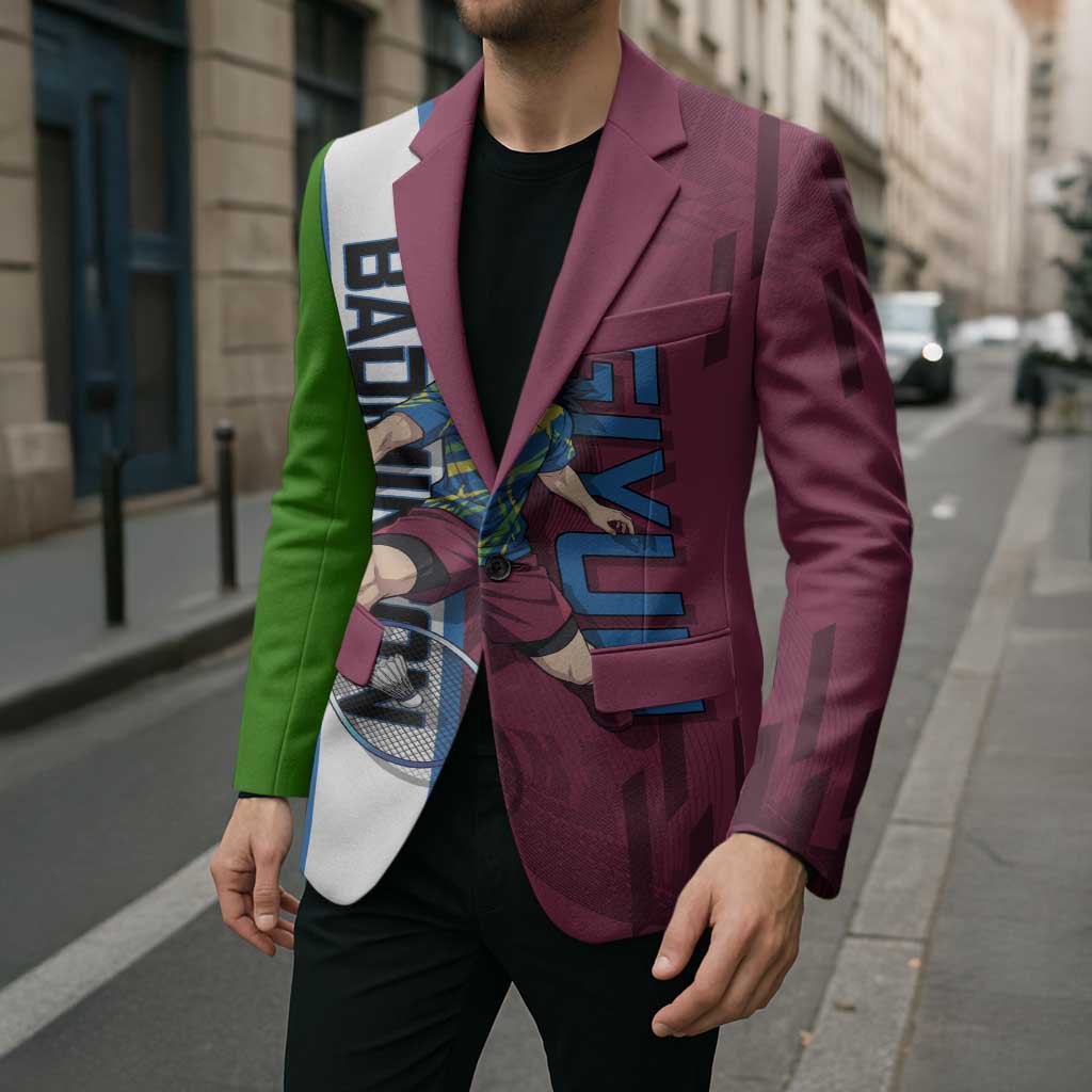 Personalized Giyuu Tomioka Demon Slayer Badminton Theme Blazer with Racket Action Pose and Tricolor Graphic Design - The Mazicc