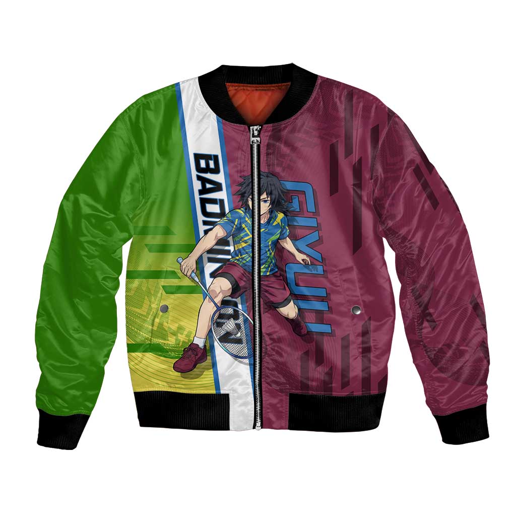 Personalized Giyuu Tomioka Demon Slayer Badminton Theme Bomber Jacket with Racket Action Pose and Tricolor Graphic Design - The Mazicc
