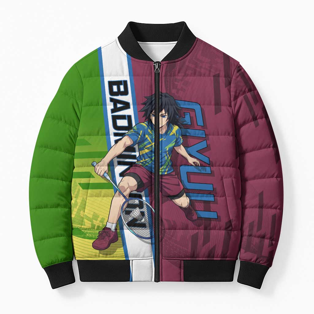 Personalized Giyuu Tomioka Demon Slayer Badminton Theme Bomber Puffer Jacket with Racket Action Pose and Tricolor Graphic Design - The Mazicc