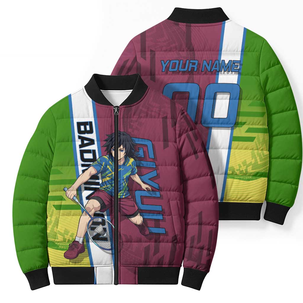 Personalized Giyuu Tomioka Demon Slayer Badminton Theme Bomber Puffer Jacket with Racket Action Pose and Tricolor Graphic Design - The Mazicc
