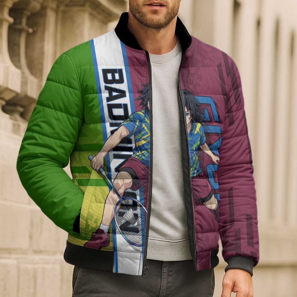 Personalized Giyuu Tomioka Demon Slayer Badminton Theme Bomber Puffer Jacket with Racket Action Pose and Tricolor Graphic Design - The Mazicc