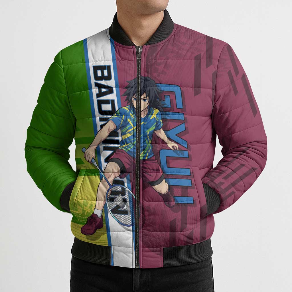 Personalized Giyuu Tomioka Demon Slayer Badminton Theme Bomber Puffer Jacket with Racket Action Pose and Tricolor Graphic Design - The Mazicc