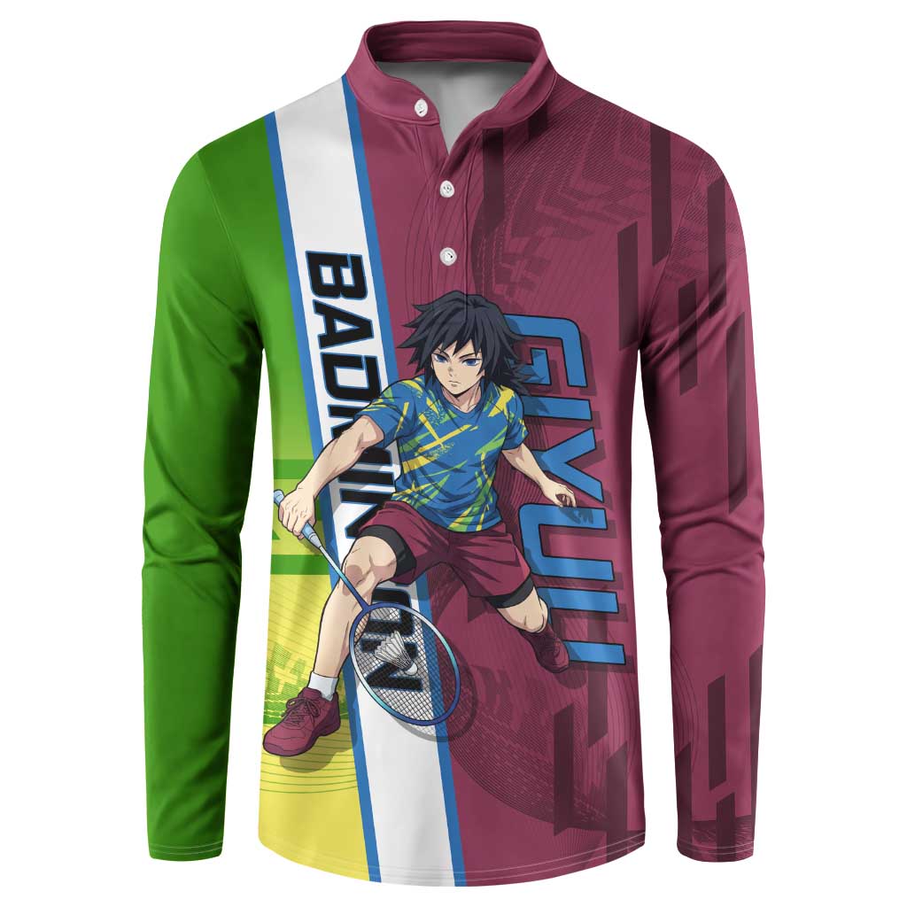 Personalized Giyuu Tomioka Demon Slayer Badminton Theme Button Sweatshirt with Racket Action Pose and Tricolor Graphic Design - The Mazicc