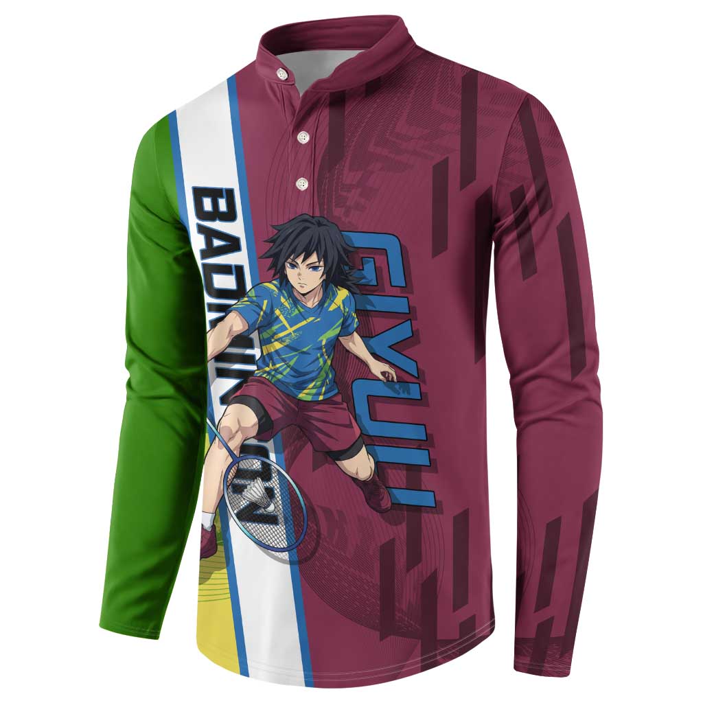 Personalized Giyuu Tomioka Demon Slayer Badminton Theme Button Sweatshirt with Racket Action Pose and Tricolor Graphic Design - The Mazicc