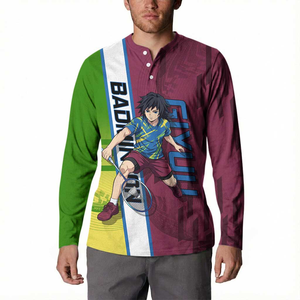Personalized Giyuu Tomioka Demon Slayer Badminton Theme Button Sweatshirt with Racket Action Pose and Tricolor Graphic Design - The Mazicc