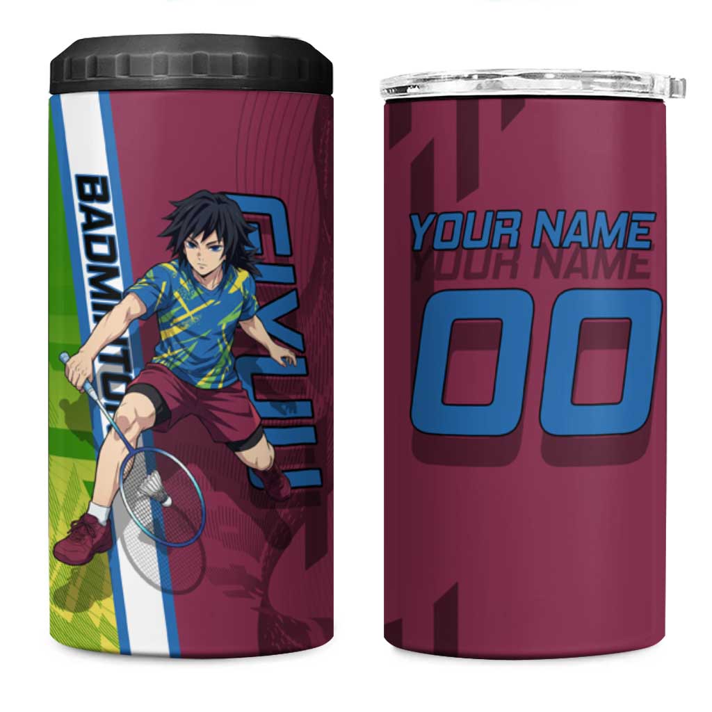 Personalized Giyuu Tomioka Demon Slayer Badminton Theme 4 in 1 Can Cooler Tumbler with Racket Action Pose and Tricolor Graphic Design - The Mazicc