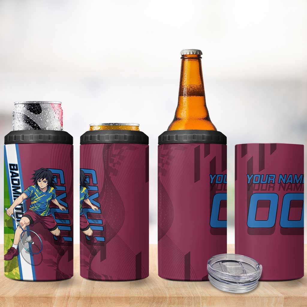 Personalized Giyuu Tomioka Demon Slayer Badminton Theme 4 in 1 Can Cooler Tumbler with Racket Action Pose and Tricolor Graphic Design - The Mazicc