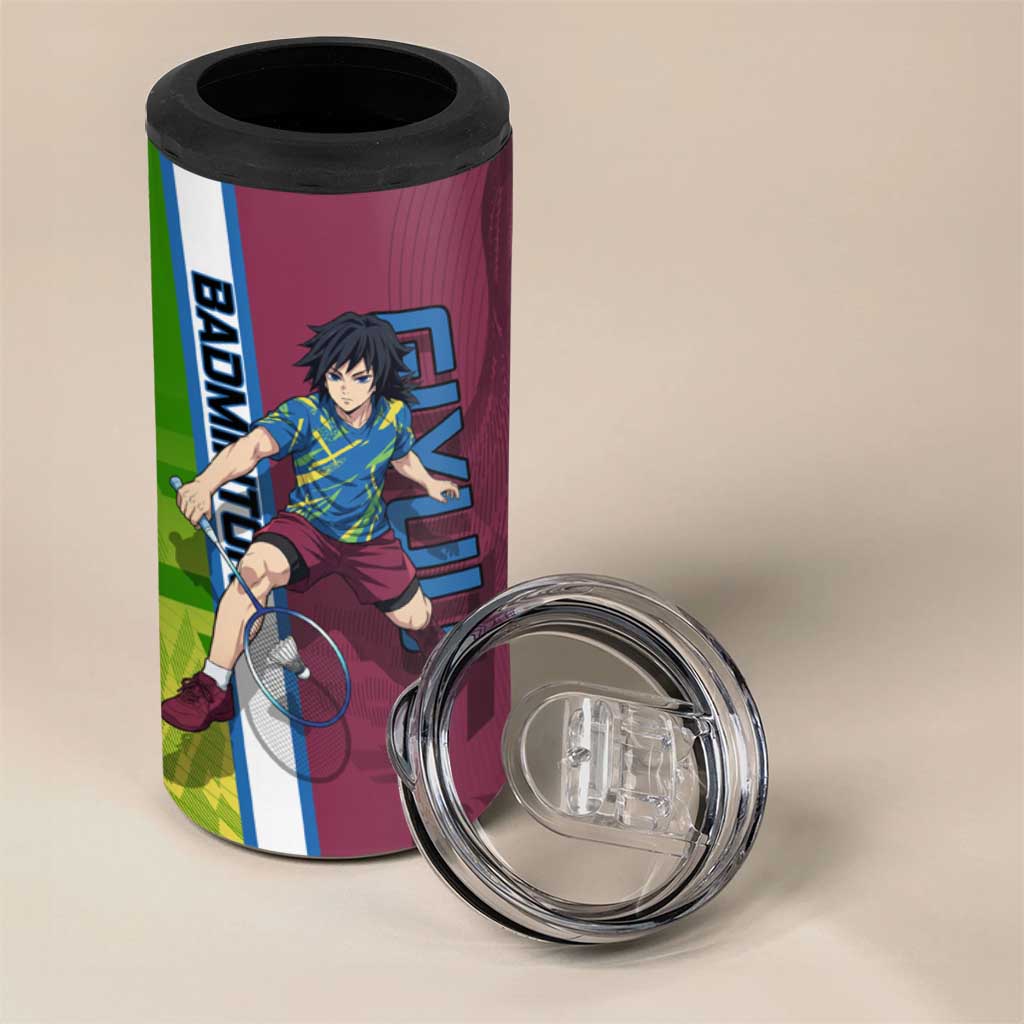 Personalized Giyuu Tomioka Demon Slayer Badminton Theme 4 in 1 Can Cooler Tumbler with Racket Action Pose and Tricolor Graphic Design - The Mazicc