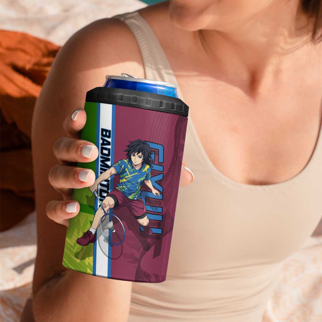 Personalized Giyuu Tomioka Demon Slayer Badminton Theme 4 in 1 Can Cooler Tumbler with Racket Action Pose and Tricolor Graphic Design - The Mazicc