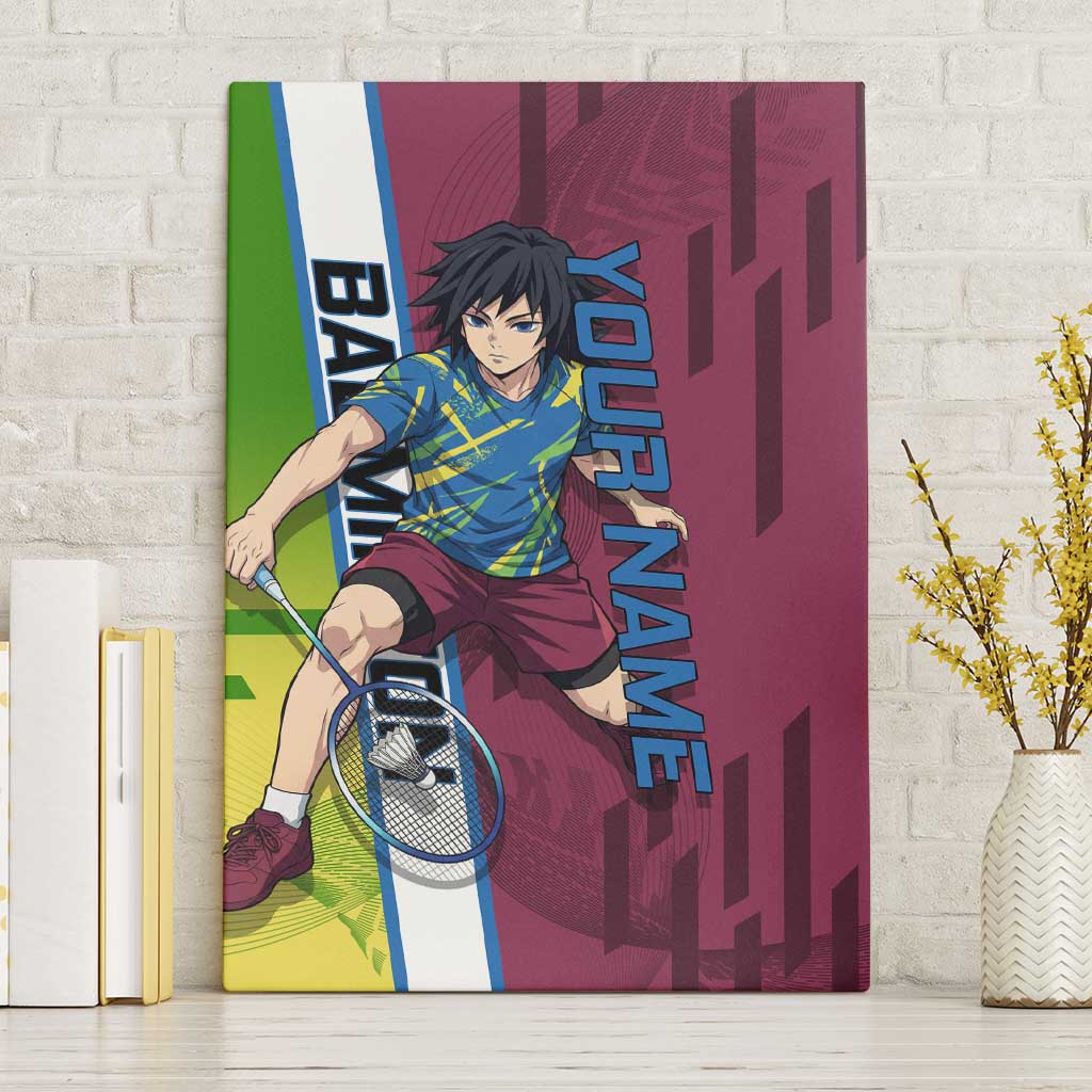 Personalized Giyuu Tomioka Demon Slayer Badminton Theme Canvas Wall Art with Racket Action Pose and Tricolor Graphic Design - The Mazicc
