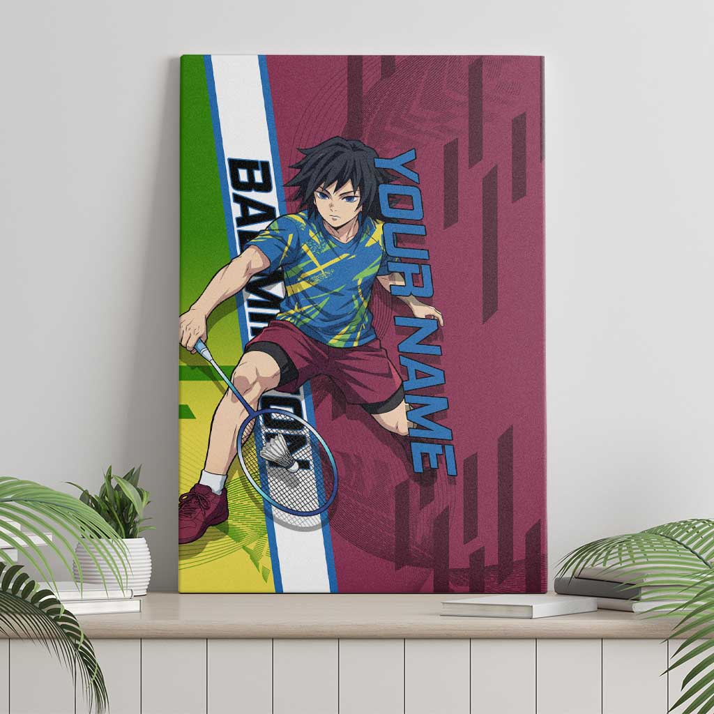 Personalized Giyuu Tomioka Demon Slayer Badminton Theme Canvas Wall Art with Racket Action Pose and Tricolor Graphic Design - The Mazicc