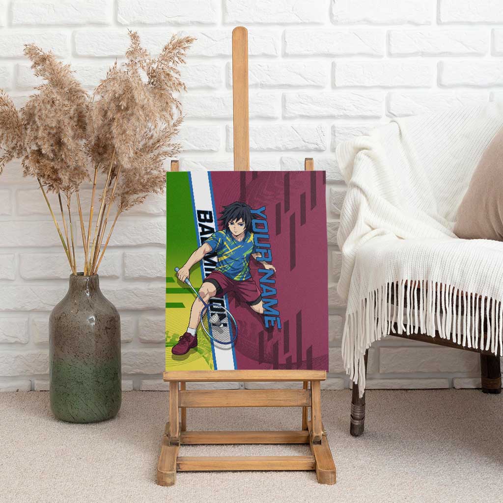 Personalized Giyuu Tomioka Demon Slayer Badminton Theme Canvas Wall Art with Racket Action Pose and Tricolor Graphic Design - The Mazicc